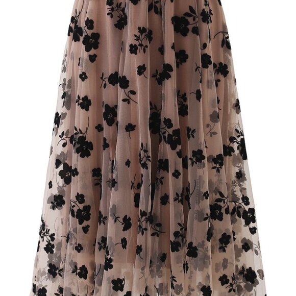 3D Posy Double-Layered Mesh Midi Skirt in Caramel - Picture 5 of 5